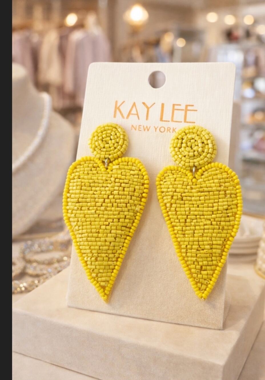 Kay Lee Yellow Long Heart Beaded Earrings New